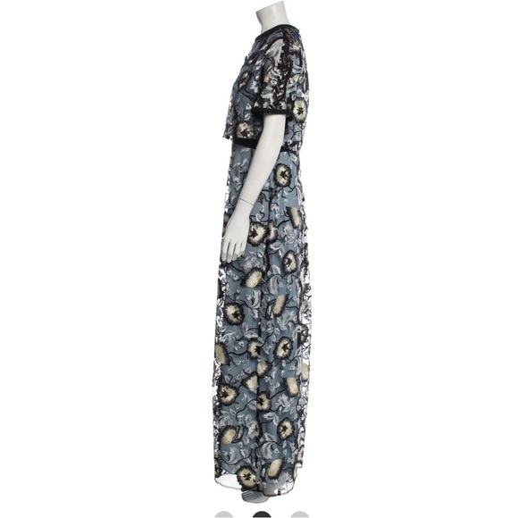 NWT SelfPortrait Blue & Gold Lace Ankle-Length Evening Gown W/Cape top - Picture 3 of 10